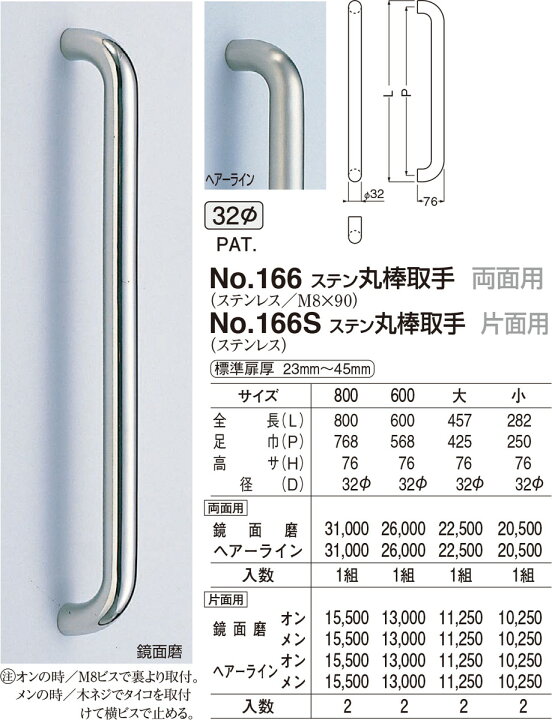 楽天市場】【シロクマ】ステン丸棒取手 両面用 No.166 800mm 鏡面 