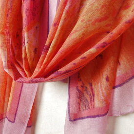 インド プリント薄手ウールストール オレンジ ピンク系 （スカーフ、マフラー、ショール） プレゼント アジアン エスニック レディース