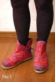 タイ モン族刺繍バックレースアップアンクルブーツ カラフル 23cm プレゼント アジアン 母の日 靴 エスニック 春夏ギフト レディース ファッション