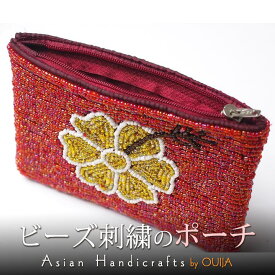 インドネシア グラスビーズ刺繍 コインパース 財布 ポーチ 赤 花 プレゼント アジアン 母の日 エスニック メンズ レディース