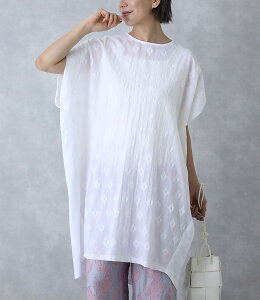 【感謝価格】 ワンピース レディース 春 夏 秋 半袖 ショートスリーブ チュニック丈 刺繍 異素材 コットン100% 透け感 カットソー生地 体型隠し 体型カバー 着回し CALINER カリネ OUKA オウカ※