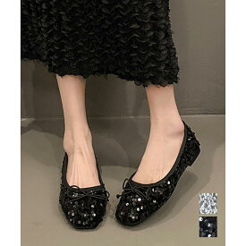 【10%OFFクーポン配布中!】パンプス キラキラ バレエシューズ ローヒールパンプス 歩きやすいシューズ 韓国ファッション レディース スパンコール リボン飾り 美脚 フェミニン 大人 きれいめ エレガント おしゃれ 結婚式 入園式 卒業式