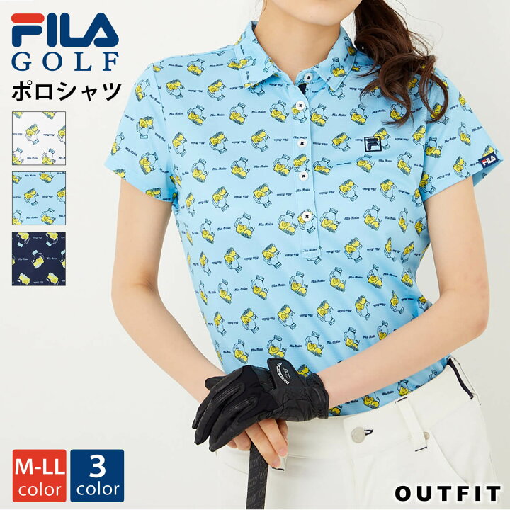 楽天市場 700円クーポン配布中 Fila Golf フィラゴルフ ゴルフウェア ポロシャツ 半袖 レディース 総柄 プリント トップス おしゃれ かわいい ブランド ロゴ 春 夏 秋 女性用 大きいサイズ M L Ll 白 紺 ホワイト ブルー ネイビー スポーツウェア トレーニング