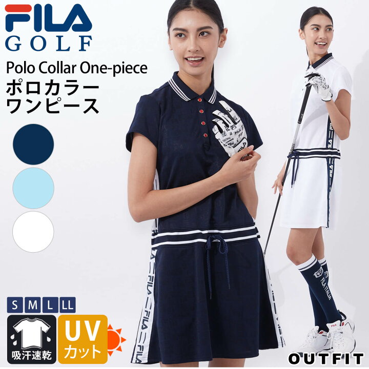 【40%OFFセール】 FILA GOLF フィラゴルフ ゴルフウェア ワンピース レディース 半袖 ロゴ刺繍 ポロカラー 伸縮性 吸汗速乾 UVカット 紫外線カット 紫外線対策 ウエストリブ おしゃれ シンプル ブランド 大きいサイズ 小さいサイズ S M L LL 春 夏 白 紺 青 ... レディースゴルフウェア フィラ ワンピース