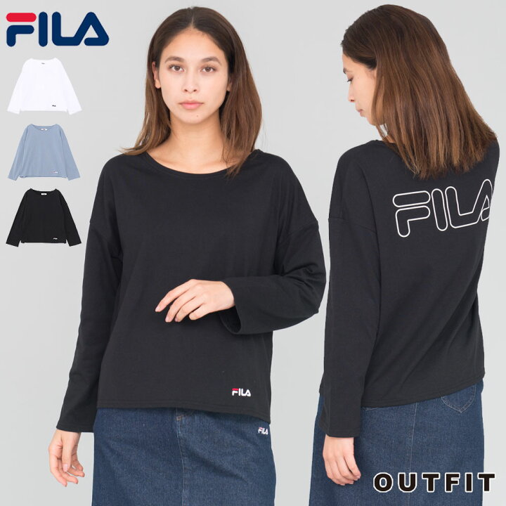 楽天市場 Fila フィラ ロンｔ レディース 長袖 Tシャツ ロングtシャツ オーバーサイズ ビッグシルエット ゆったり シンプル 無地 ボートネック バックプリント ドロップショルダー カットソー おしゃれ かわいい スポーツ ブランド カジュアル ロゴ 可愛い 白 黒 青 秋