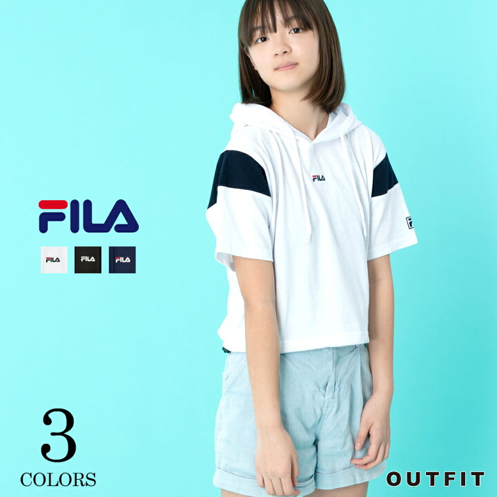 楽天市場 Fila フィラ レディース 切替ショート丈tパーカー 高校生 中学生 小学生 スポーツブランド 女の子 かっこいい かわいい おしゃれ ロゴ 切り替え パーカー 半袖 フード付き シンプル ブランド キッズ カジュアル プレゼント Karlas Karlas カルラス Outfit