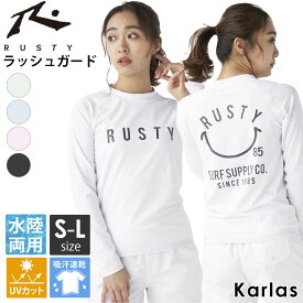 Tシャツ レディース 長袖 RUSTY ラスティ ラッシュガード ブランド 春 夏 水着 水陸両用 吸汗速乾 UVカット 2WAY バックプリント ニコちゃん プルオーバー カジュアル S M L 白 黒 青 緑 ピンク ベージュ