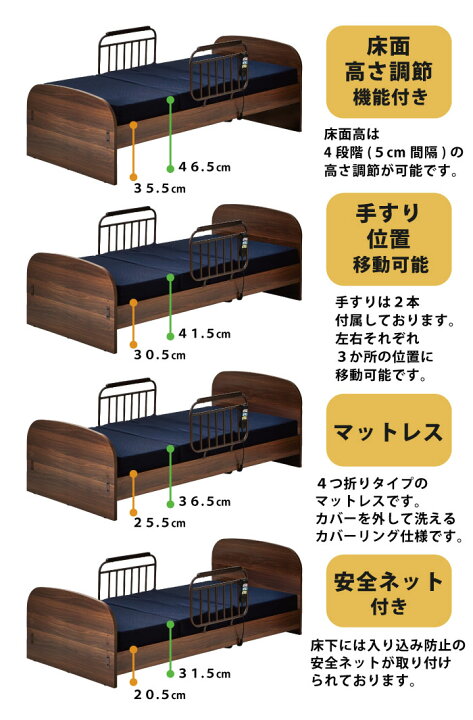 楽天市場】電動ベッド ベッド 介護ベッド 1モーター マット付き 手すり 