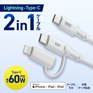 【新品/取寄品/代引不可】USB-Cケーブル 2in1 ライトニング変換アダプタ付き PD60W 充電/通信 MFi正規認証品 USB2.0 1m ホワイト KB-IPLTCCP6010W