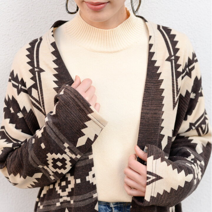 楽天市場 ポケット付きオルテガ柄ふんわり裏起毛ロングカーディガン レディース トップス カーディガン ロング 羽織り カーデ 暖か オルテガ ネイティブ ゆったり 大きめ 長袖 ボタンレス ポケット ニットソー 伸縮性 Real Style リアルスタイル