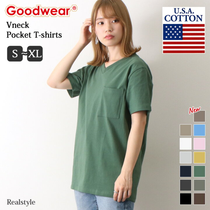 楽天市場 1枚で着ても透けにくい 厚手のusaコットン100 使用 Goodwear グッドウェア ポケット付きvネックtシャツ 7 0oz レディース メンズ 半袖 無地 カットソー ポケット 肉厚 インナー 綿 グッドウエア ブランド ポケt 白t トップス お揃い ペアルック メール便