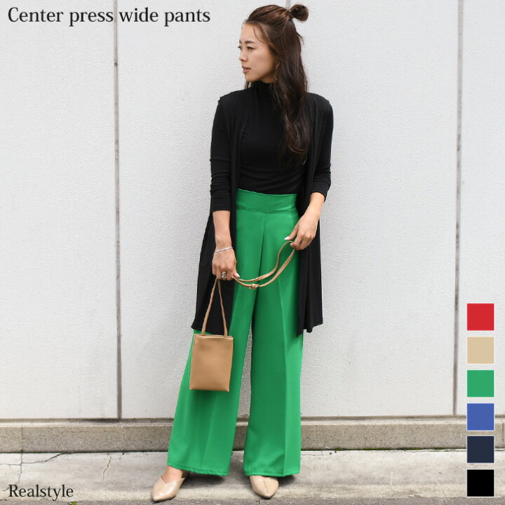 楽天市場 センタープレスワイドパンツ カラーパンツ レディース グリーン パンツ 秋 軽量 ボトムス ロング アンクル フルレングス リネン風 シンプル カジュアル きれいめ バックゴム ハイウエスト ガウチョ スカンツ ゆったり 涼しい 薄手 メール便 Real Style