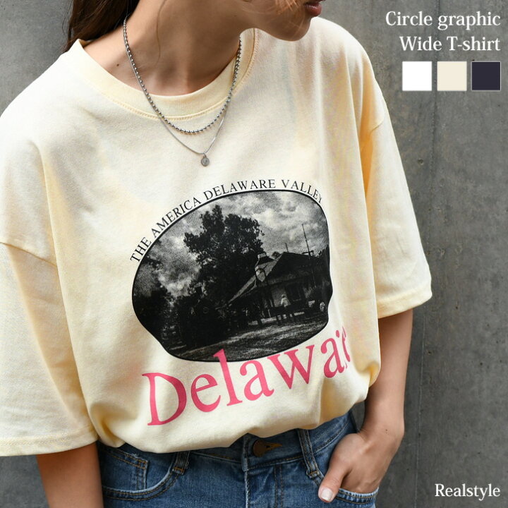 楽天市場 福袋対象 サークルグラフィックプリントワイドtシャツ レディース トップス 半袖 シンプル 夏 5分袖 五分袖 春 ゆったり カジュアル コットン 綿 プリントtシャツ ティーシャツ カットソー 英字 ロゴ ロゴプリント メール便 Real Style リアルスタイル