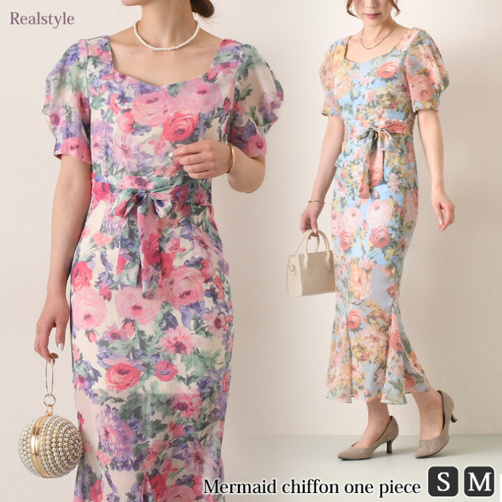 楽天市場】花柄リボン付きシフォンマーメイドワンピース レディース  