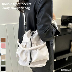 2way フロントダブルポケット バケツ型 ドローコード 巾着 ショルダーバッグ レディース ハンドバッグ 斜めがけ 手提げ ポシェット 収納 マチ広 巾着バッグ おしゃれ かわいい カジュアル 軽量 柔らかい メール便 2512ss