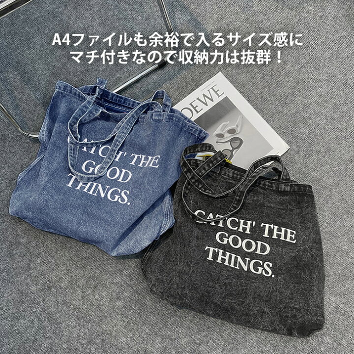 楽天市場】大容量 英字＆タグデザイン デニム トートバッグ レディース 