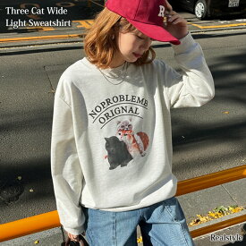 スリーキャットプリントワイドライトスウェット レディース トップス カットソー Tシャツ ロンT トレーナー 薄手 軽量 春 夏 秋 冬 ライトスエット おしゃれ ロゴ カジュアル かわいい 韓国ファッション メール便