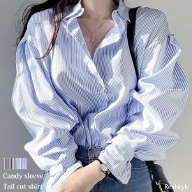 ストライプ柄テールカットキャンディスリーブシャツ レディース ストライプシャツ 襟付き 長袖 おしゃれ オフィス カジュアル 大きいサイズ 大きめ 薄手 速乾 トップス アウター 羽織り シンプル 体型カバー メール便 2512ss