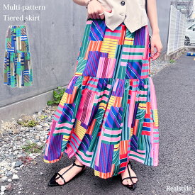 マルチパターンマキシティアードスカート レディース ボトムス 春 夏 ロング丈 フレア Aライン ウエストゴム 薄手 涼しい おしゃれ ゆったり 裏地付き ペチコート付き 体型カバー 総柄 リゾート バカンス メール便 2512ss