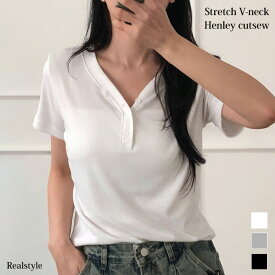 ゆるてろストレッチVネックヘンリーカットソー レディース トップス Tシャツ 半袖 夏 無地 薄手 涼しい ヘンリーネック 軽量 伸縮性 きれいめ おしゃれ カジュアル 可愛い 韓国ファッション オフィス メール便 2512ss50