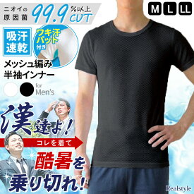 クーポンで55％OFF★メンズ★汗取りパッド付き制菌加工吸汗速乾半袖丸首インナー インナーシャツ インナーTシャツ 汗取りインナー 脇汗 肌着 下着 涼しい メッシュ 夏 紳士 男性 薄手 暑さ対策 熱中症対策 汗対策 汗じみ防止 メール便