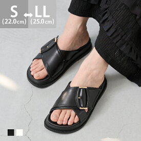 送料無料 サンダル レディース ゴールドバックルボリュームソール 厚底 痛くない 歩きやすい ラウンドトゥ ダブルベルト バックルベルト フラット つっかけ スリッパ 靴下合わせ ワンマイル おしゃれ ブラック 22cm 25cm