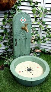 立水栓 水栓柱 立水栓セット送料無料【Happy Door-スタンダード グリーン立水栓&シンクセット】庭 水道 外水道 水受け ガーデンパン