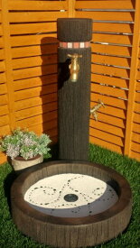 立水栓　水栓柱　立水栓セット送料無料【ガラスタイル入り（Bタイプ）丸太調　立水栓柱＆シンクセット】庭　水道　外水道　水受け　ガーデンパン