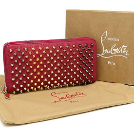 【中古】ルブタン パネトーネ ウォレット スパイク ラウンドファスナー長財布 ピンク×ガンメタル Louboutin