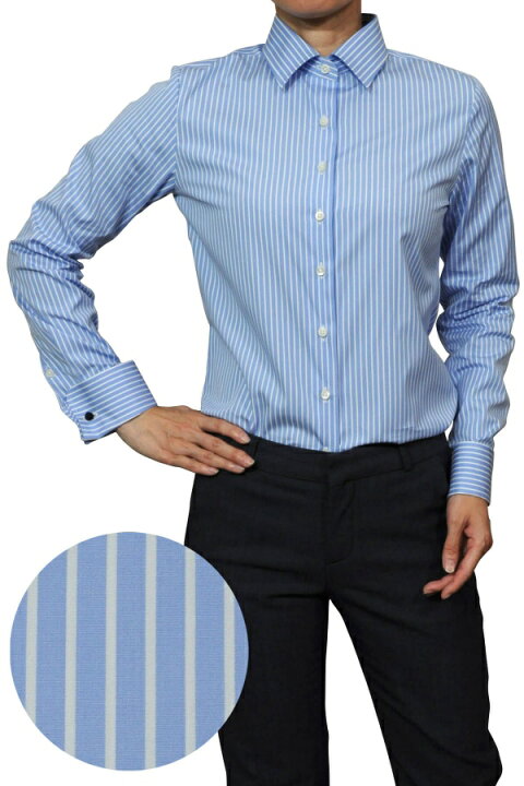 楽天市場 レディースシャツ レディース ワイシャツ シャツ ドレスシャツ 長袖 Yシャツ おしゃれ ブラウス 日本製 長袖シャツ ビジネスシャツ オフィス ストライプ ブルー 青 高級 カフスシャツ ビジネス Ol 綿100 ビジネスワイシャツ長袖 オフィスカジュアル