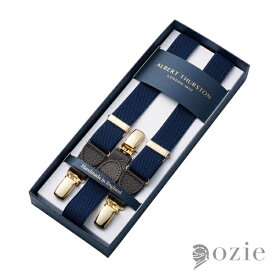 送料無料 サスペンダー ALBERT THURSTON アルバートサーストン イギリス製 Y型 ネイビーブルー 紺青 無地 カジュアル エラスティック 牛革 金具付き メンズ レディース 専門店 ギフト OZIE | ファッション小物 旦那 彼氏 男性 女性 レザー おしゃれ