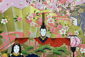 友禅紙総柄 中 桜吹雪に扇面背景・菱餅 『立雛』 ピンク 33