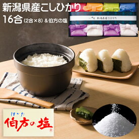 お米ギフト 新潟県産 こしひかり 2合×8袋 16合入 伯方の塩付き 多当和紙入 ギフトセット 真空パック 送料無料 贅沢 リッチ ギフト