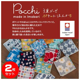 24周年記念！【2枚セット】送料無料 ハンカチ ガーゼ 日本製 3重ガーゼ ハンカチ Pocchi リバーシブル 今治ガーゼハンカチ タオルハンカチ デザイナー はんかち