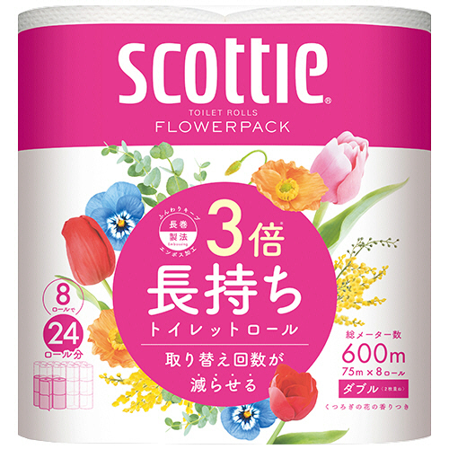 日本製紙クレシア　スコッティ　フラワーパック　３倍長持ち　ダブル　芯あり　７５ｍ　香り付き　１パック（８ロール）