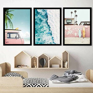 3枚セット 33×43cm アートパネル 枠付きフレーム絵画 ワゴンカー コースタルスタイル 西海岸 海 壁掛け アートポスター インテリア絵画