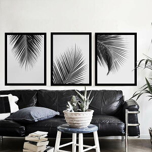 3枚セット 33×43cm アートパネル 枠付き フレーム絵画 モノクロ リーフ ヤシの葉 モダンアート アートポスター インテリア絵画 ウォールデコ