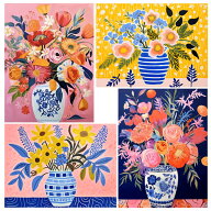 中級 フル ダイヤモンドアート キット ビーズ刺繍 花瓶の花 花束 モダン ボタニカル 抽象的 モザイクアー…