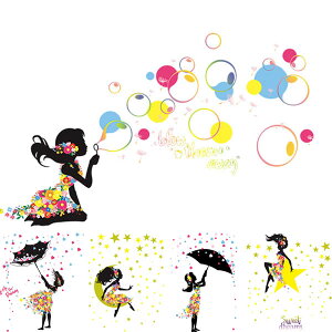 ウォールステッカー 傘 シルエット 花の妖精 女の子 星 月 フラワーガール 花 壁シール 壁デコ 北欧風 DIY リビング