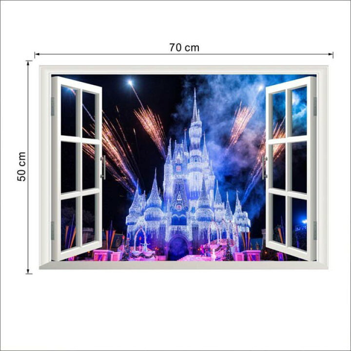 楽天市場 ウォールステッカー シンデレラ城 夜景 花火 だまし絵 アート インテリアシール 窓枠 壁デコレ 北欧風 Diy リビング Peachyshop楽天市場店
