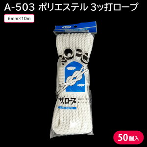 ロープ 6mm ポリエステル A-503 ポリエステル3ッ打ロープ 6mm×10m ホワイト 1ケース 50個 延縄 底引 定置 施網 ヨット 命綱