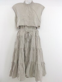 ◇ ◎ JUNOAH ジュノア シャーリング 切替 フレンチスリーブ 膝下丈 ワンピース サイズM ライトベージュ レディース P 【中古】