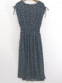 ◇ Avan Lily 花柄 シャーリング フレンチスリーブ 膝下丈 ワンピース サイズF ネイビー ベージュ グリーン系 レディース E 【中古】