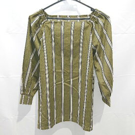 ◇ ur's ユアーズ ストライプ スクエアネック ゴム 長袖 ブラウス トップス サイズF グリーン系 レディース E 【中古】