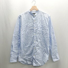 ◇ ⊂ nano universe ナノユニバース ストライプ柄 長袖 ノーカラーシャツ サイズM ブルー系 メンズ E 【中古】