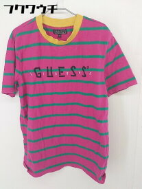 ◇ GUESS × J balvin ロゴ ボーダー 半袖 Tシャツ カットソー サイズS ピンク グリーン系 メンズ 【中古】