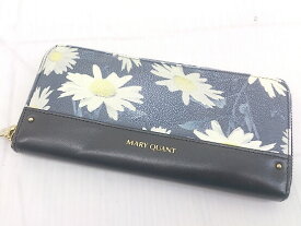 ◇ MARY QUANT マリークヮント 花柄 フラワー ラウンドファスナー 長財布 ウォレット ネイビー レディース 【中古】