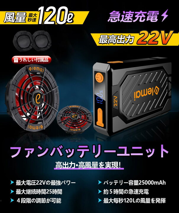 楽天市場】[elemai] 2024年モデル 22V超高出力 25000mAh ファン 