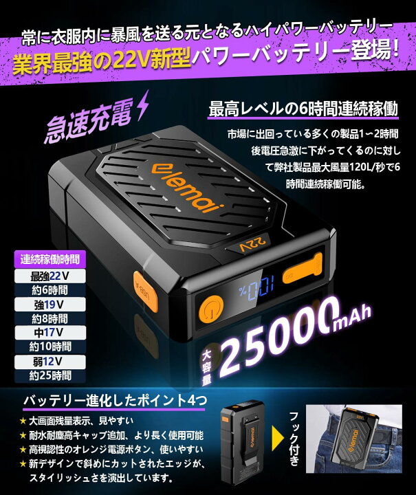 楽天市場】[elemai] 2024年NEWモデル ファン付きベスト 22V超高出力  