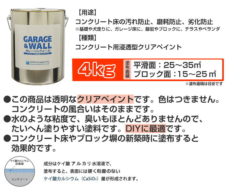 楽天市場 ガレージ ウォール 4kg コンクリート床用浸透型クリアペイント 透明 塗料 駐車場 アシュフォードジャパン ペイントジョイ楽天市場店